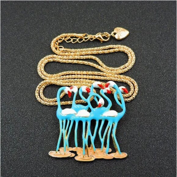 Betsey Johnson Necklace Blue Enamel Flamingos Brooch Pendant Gold Tone - Picture 1 of 2